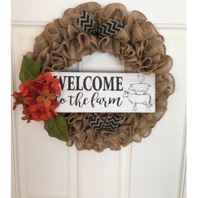 * NEW HANDMADE FARM COUNTRY STYLE BURLAP  Wreath With Welcome To The Farm Sign   142898500772